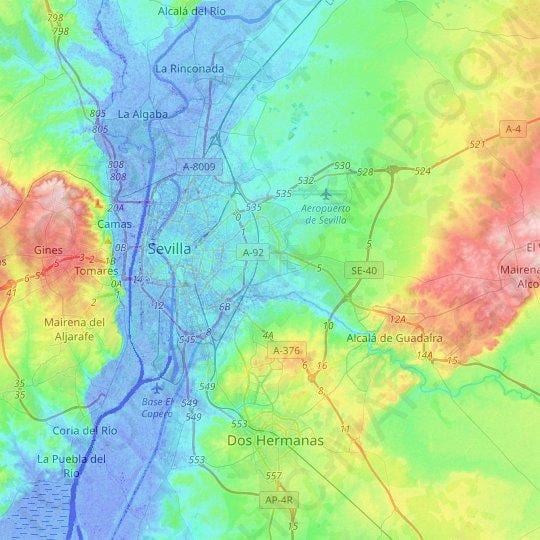 Mapa de elevação de Sevilha